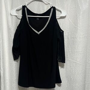 MSK Black Cold Shoulder Blouse with Silver V Neck